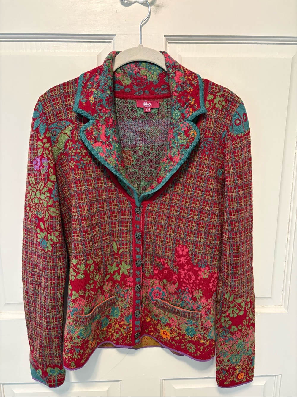 IVKO red knit floral merino wool cardigan sweater collared size 36 s small 4